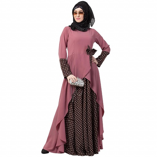 Polka dotted asymmetrical dress abaya- Puce Pink-Wine